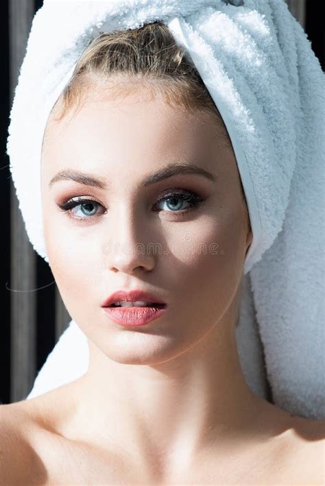 Close Up Portrait Of Woman Posing Wrapped In Bathroom Towels Beauty Portrait Of A Cheerful