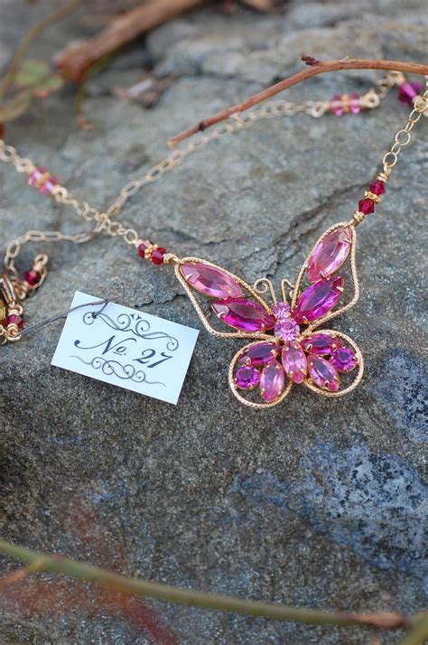 Vintage Pink Butterfly Necklace Stones And Crystals Pink Butterfly