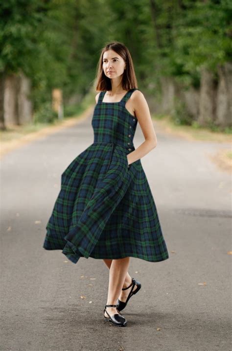 Linen Plaid Dress Vintage Inspired Style Green Black Plaid Etsy