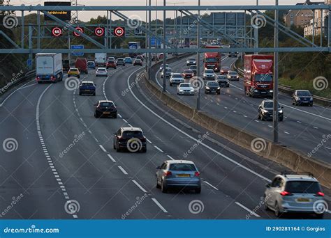 Evening Traffic On British Motorway M1 Near To Junction 10 Ant Town