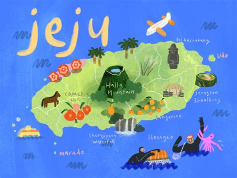 A central feature of jeju is hallasan, the tallest mountain in south korea and a dormant volcano, which rises 1,950 m above sea level. Illustrated Map, Jeju Island by Cindy Kang on Dribbble