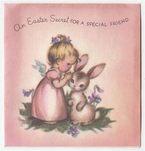 Vintage Greeting Card Easter Girl Angel Bunny Rabbit Marjorie M Cooper