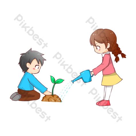 Arbor Day Cartoon Hand Iguhit Ang Maliit Na Batang Lalaki Na Nagtatanim Ng Vector Ng Puno