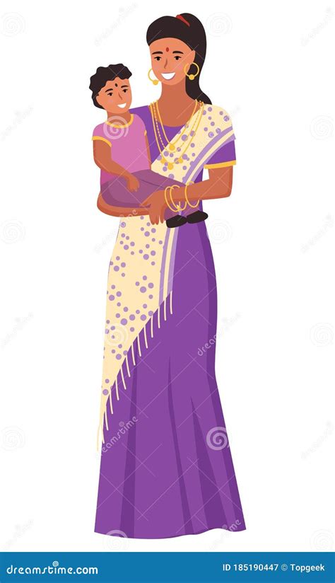 indian mother in sari with daughter india vector 185190447