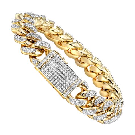 Solid 10k Gold Miami Cuban Link Chain Diamond Bracelet For Men 14mm