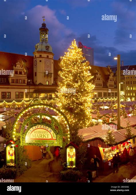 Christmas Market On The Market Square With Town Hall In Leipzig Saxony