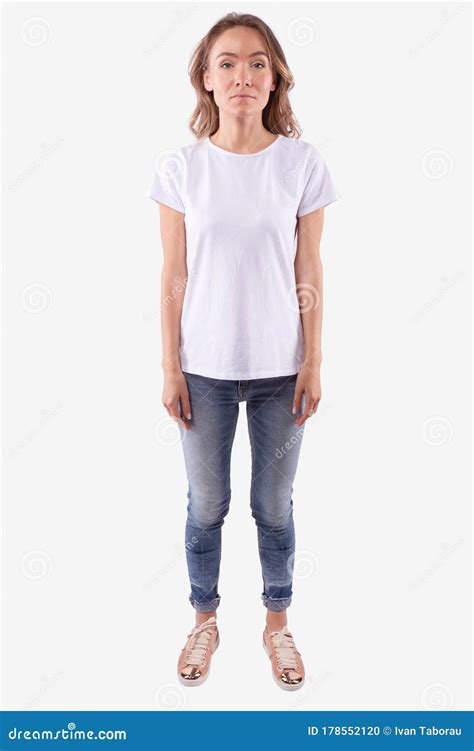 Caucasian Woman Standing Straight Looking Directly At Camera Full