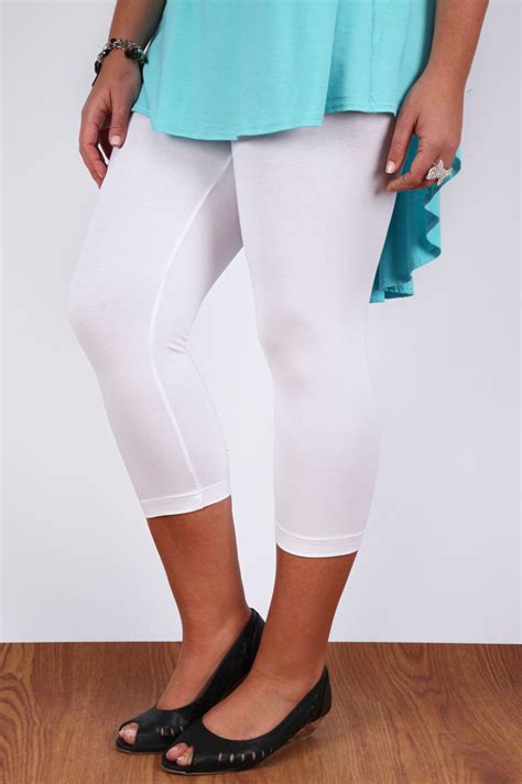 White Cotton Elastane Cropped Leggings Plus Size 161820222426283032