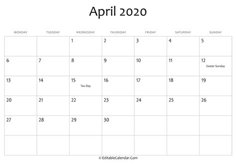 Editable Calendar April 2020