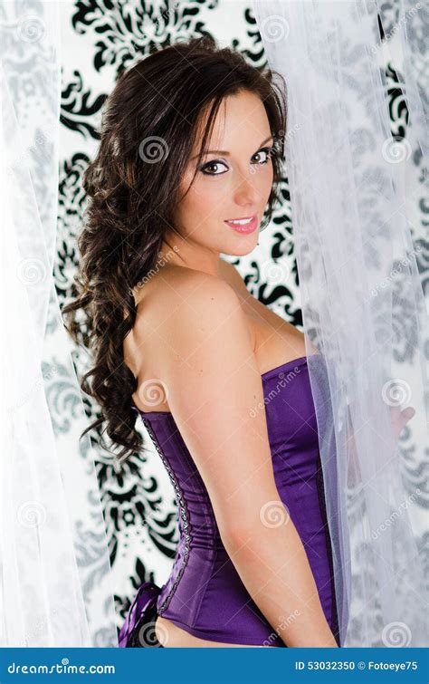 Girl In Purple Lingerie Corset Boudoir Fashion Underwear Stock Photo