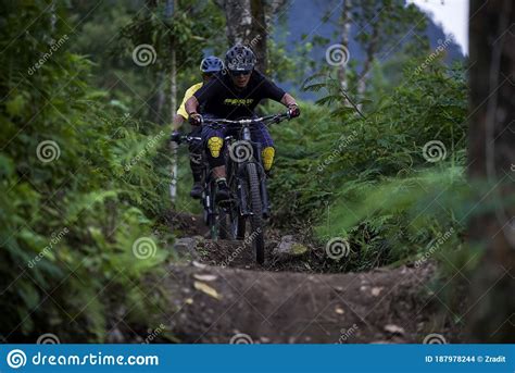 Professional Biker Is Riding A Mountain Bike Downhill Style Editorial Stock Image Image Of