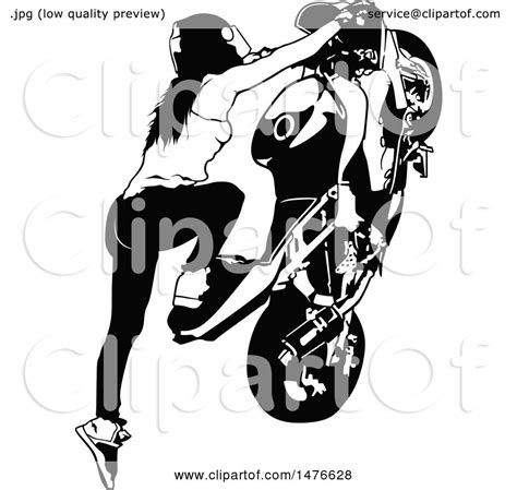 Clipart Of A Black And White Female Biker Doing A Stunt Royalty Free