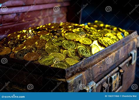 Stacking Gold Coin In Treasure Chest Stock Photo Image Of Lots Black