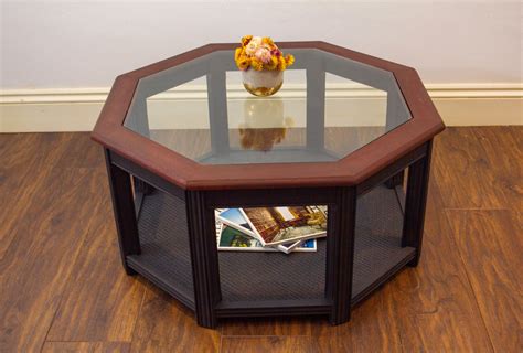 Midcentury Octagonal Coffee Table With Glass Top Painted In Blueblack