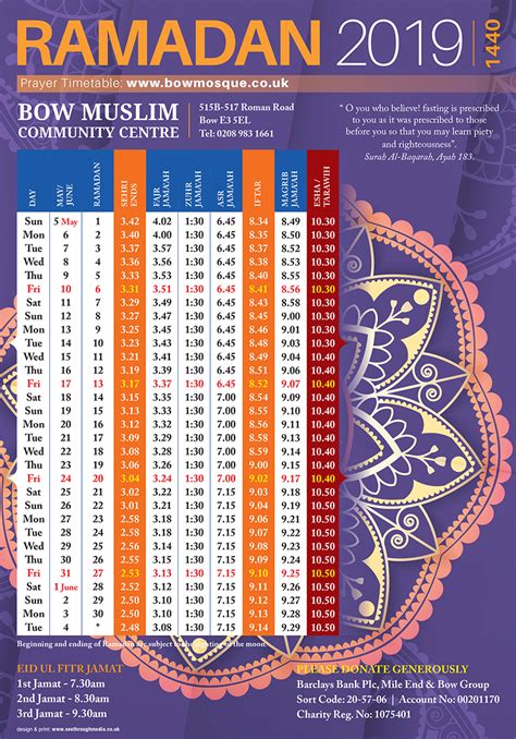 Bow Muslim Community Centre East London Mosques London Masjid Prayer Time Table