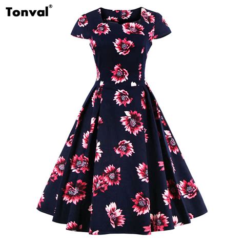 Tonval Summer Floral Vintage Women Plus Size S 4xl Retro Stunning Dress Cap Sleeve Rockabilly