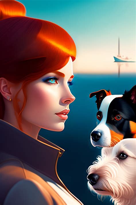 lexica blue eyed and long haired redhead woman next to a white jack russel terrier surrealism