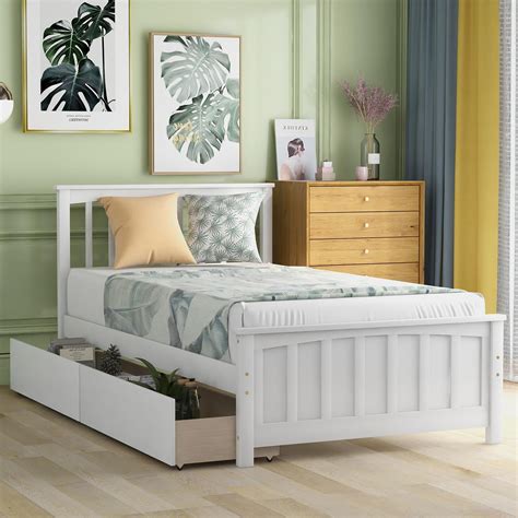Solid Wood Twin Size Platform Bed With Two Drawers For Kids Teens