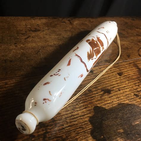 Victorian Milk Glass Rolling Pin Worn Decoration Of A Ship C1860