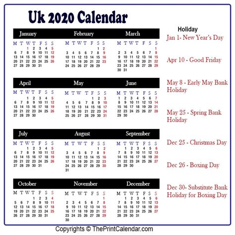 Calendar 2020 Uk Uk 2020 Yearly Printable Calendar