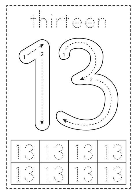 Tracing Number Thirteen Preschool Worksheet Black And White 8813596