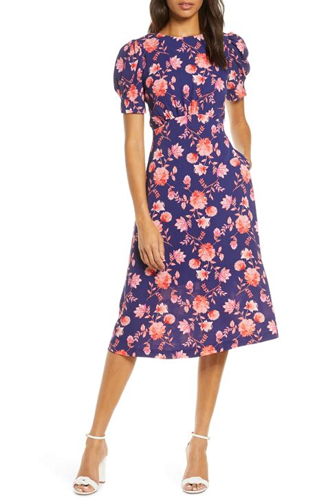Vince Camuto Floral Puff Sleeve Crepe Midi Dress In Navy Multi Modesens