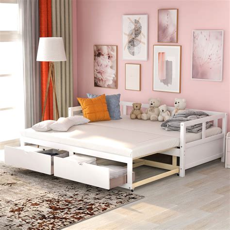 Wooden Daybed With Trundle Bed And Two Storage Drawers Extendable Bed