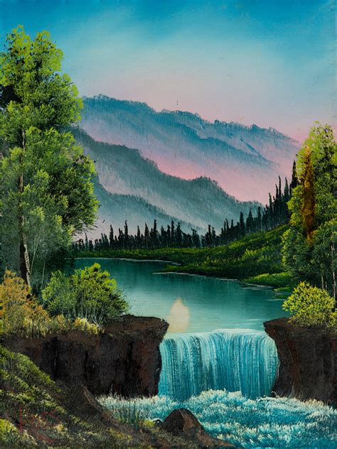 Bob Ross Mountain Waterfall Signed Original Painting Contemporary