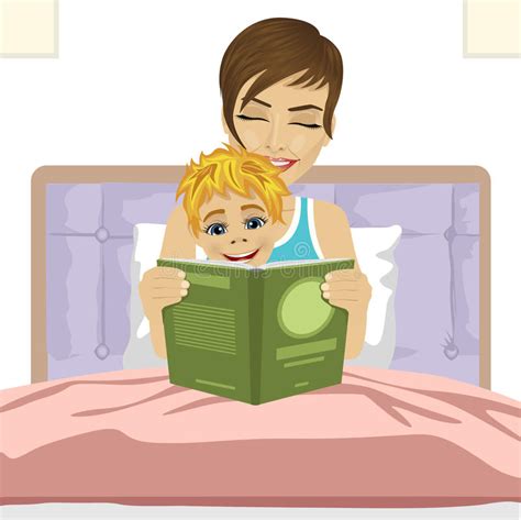 Young Mother Reading Tale Story To Her Son Together Sitting On Bed