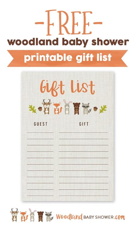 .shower gift tag related search : Free Printable Woodland Baby Shower - Gift List (With images) | Baby shower woodland, Baby ...
