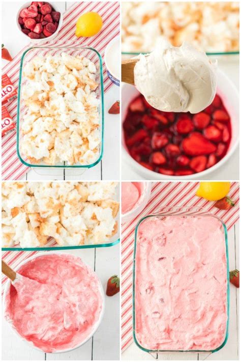 Place half of the angel food cake pieces into the bottom of the 9x13 baking dish. Photo collage showing how to make a strawberry angel food ...