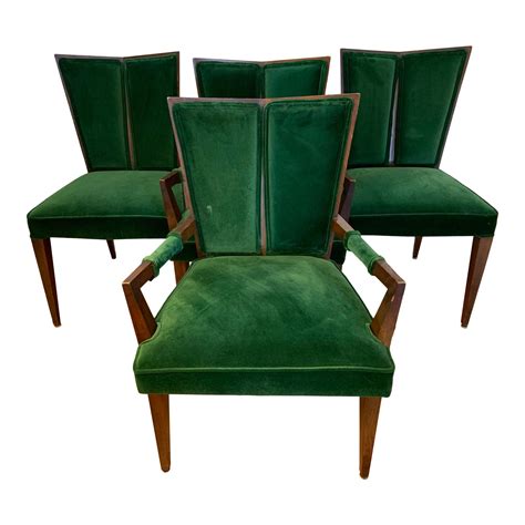 Mid Century Modern Wood Green Velvet Dining Chairs Set Of 4 Chairish
