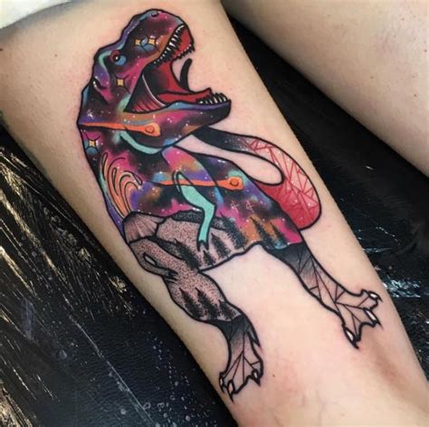 Neo Traditional Style Colored Thigh Tattoo Of Dinosaur With Stars Tattooimages Biz