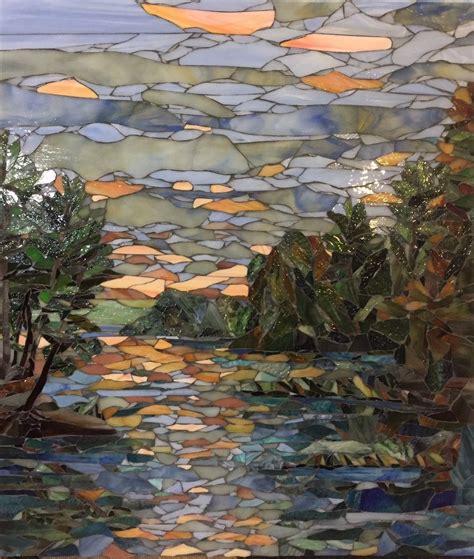 Stained Glass Mosaic Landscape Lake Sunrise Landscape Mosaic