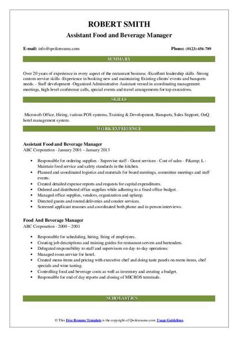 Food and beverage serving and related workers perform a variety of customer service, food preparation, and cleaning duties in eating and job outlook: Food And Beverage Manager Resume Samples | QwikResume