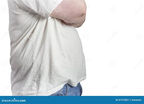 Overweight Man In Blue Jeans And White Shirt Stock Image Image Of
