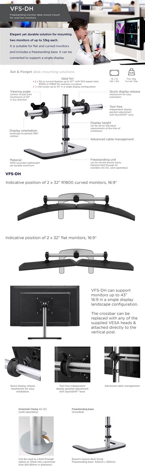 Atdec Vfs Horizontal Freestanding Dual Monitor Arm Fits Up To 2x 32