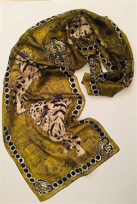Silk Scarf With Tigers Olive Green Hand Painted Batik Etsy