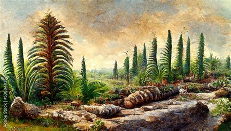 Prehistoric Landscape Of Flora And Fauna From Jurassic Era With Ferns And Ancient Forests Stock