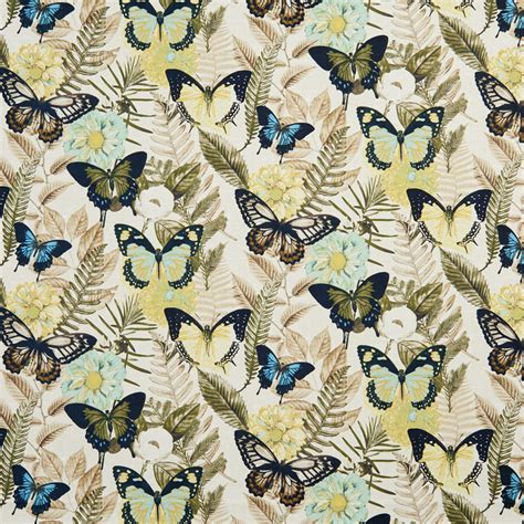 Yellow Green And Brown Butterfly Flower Fern Leafs Print Linen