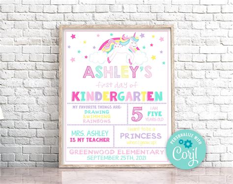Editable First Day Of Kindergarten Sign Unicorn First Day Of Etsy Canada