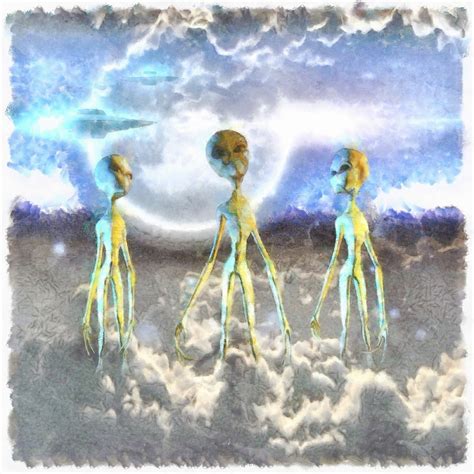Surreal Painting Three Aliens In Clouds Flying Saucers In The Sky