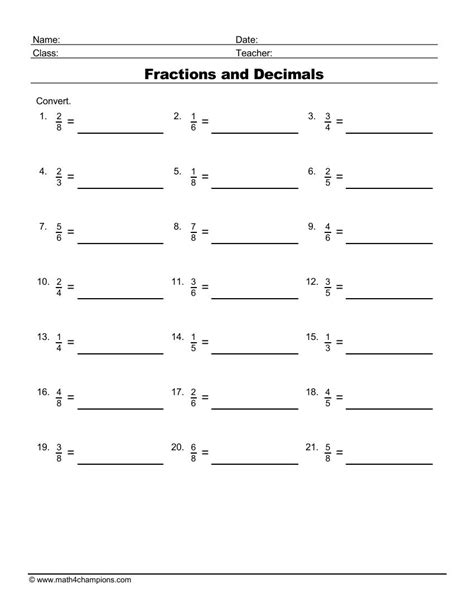 Fractions And Decimals Worksheets Printable
