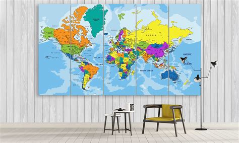 Colorful Political World Map World Map 5 Panel Canvas Art Wall Decor