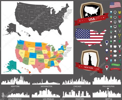 United States Map With Main Cities Silhouettes Set Premium Vector In
