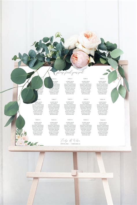 Seating Chart Template Blushing Blooms Instant Download Etsy