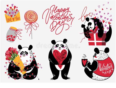 Cute Pandas Collection With Hearts T Box Lettering Love And