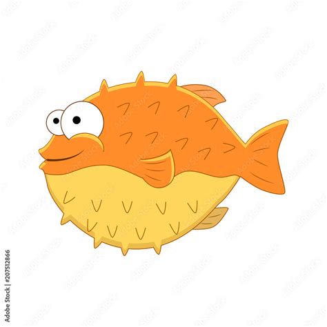 Cute Cartoon Puffer Fish Vector Illustration Isolated On White Vector