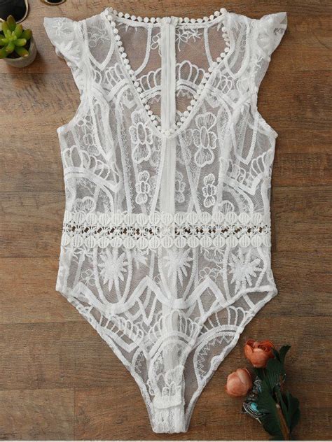 Sheer Lace Lingeries Teddy Bodysuit WHITE Intimates S ZAFUL