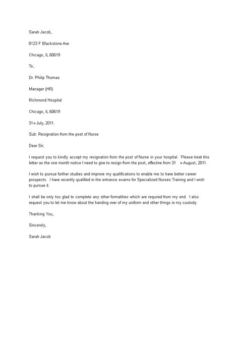 免费 Resignation Letter Example For Nurse 样本文件在